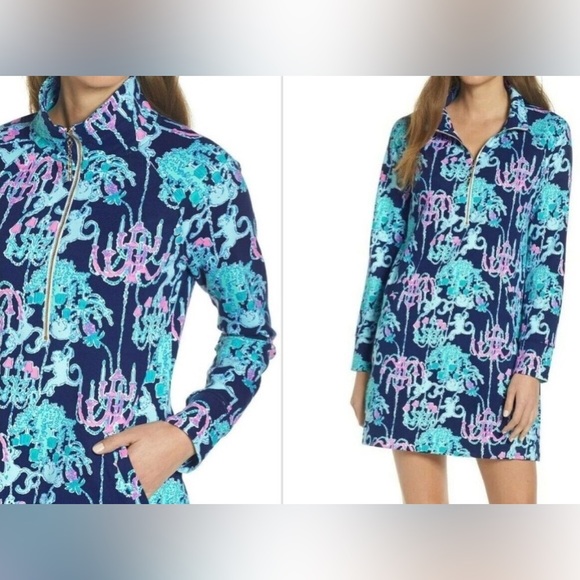 Lilly Pulitzer UPF 50+ Skipper Dress Pop Up Monkey Trouble Pockets 1/2 Zip 🧜♀️ - Picture 1 of 8
